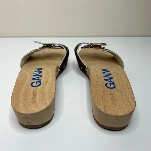 GANNI x Dr. Scholl's Red Floral Buckle Wooden Clog Slides Sandals Retro NEW - Picture 8 of 13